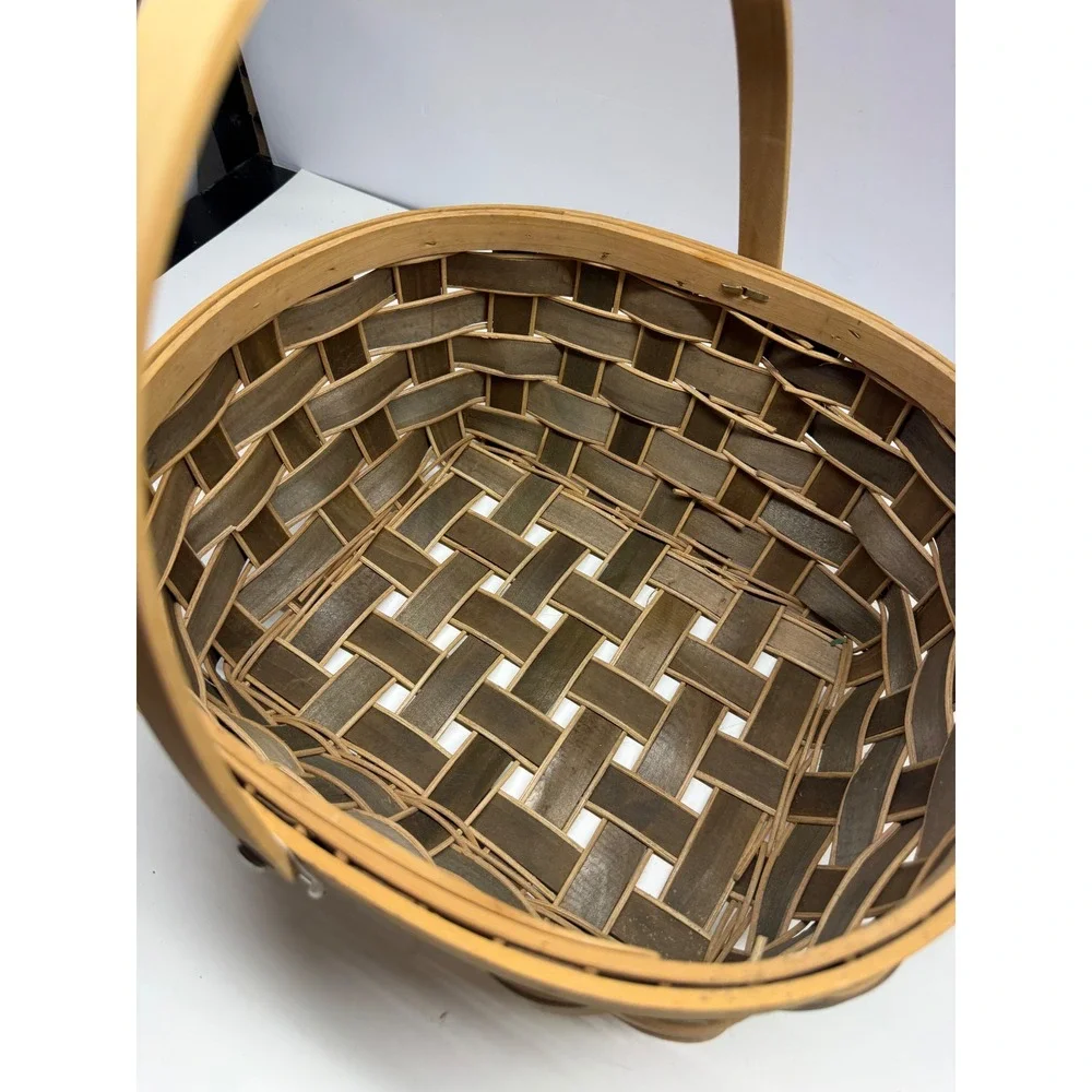 Hand Woven Wood Splint Basket with Handle Two Tone Brown Farmhouse Decor 13.5in